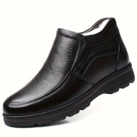 Men's Genuine Leather Casual Ankle Boots, Waterproof Wear-resistant Non-slip Slip On Walking Shoes With Fuzzy Lining For Outdoor, Autumn And Winter