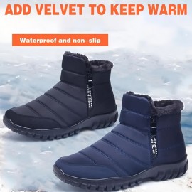 Men's Solid Snow Boots With Side Zipper, Warm Fleece Cozy Non-slip Ankle Boots Plush Comfy Outdoor Hiking Shoes Lined Trekking Shoes, Winter