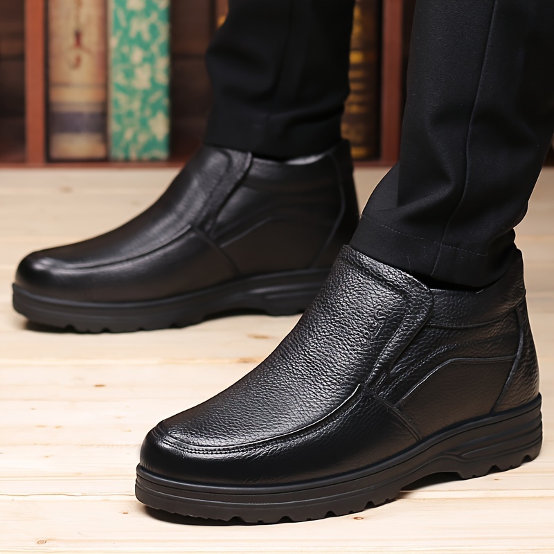 mens genuine leather casual ankle boots waterproof wear resistant non slip slip on walking shoes with fuzzy lining for outdoor autumn and winter details 2