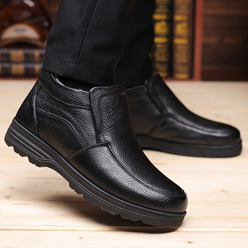 mens genuine leather casual ankle boots waterproof wear resistant non slip slip on walking shoes with fuzzy lining for outdoor autumn and winter details 3