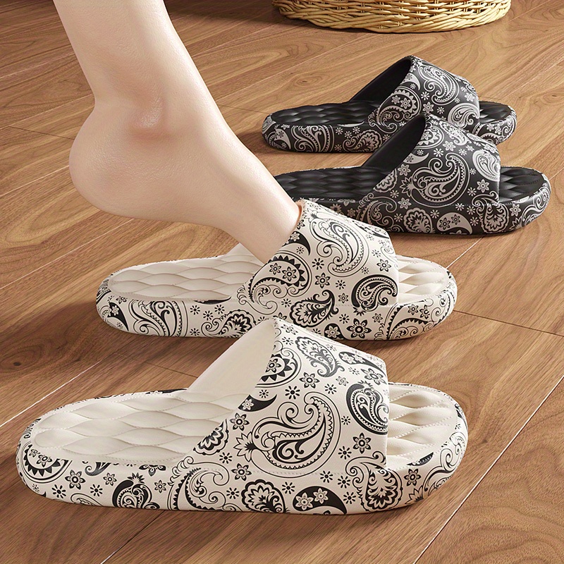 mens trendy flower print slip on platform slides unisex casual open toe anti skid slippers for indoor outdoor bathroom details 0