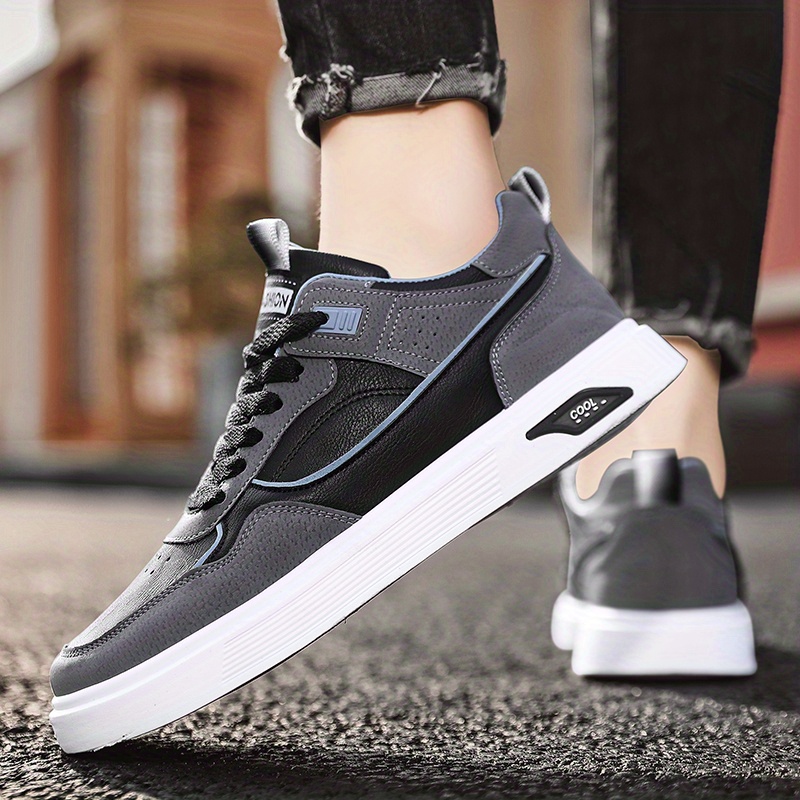 mens pu leather skate shoes with good grip breathable lace up sneakers details 0