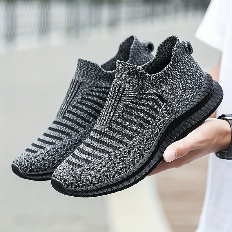 mens trendy breathable knit striped slip on sneakers casual outdoor comfortable anti skid shoes for running jogging details 1