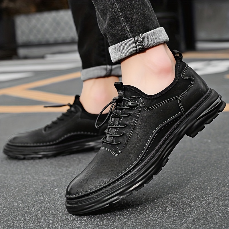 mens casual faux leather shoes breathable anti skid low top lace up shoes for outdoor spring and autumn details 2