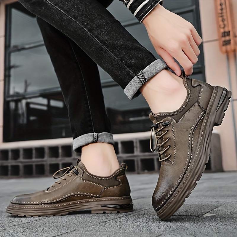 mens casual faux leather shoes breathable anti skid low top lace up shoes for outdoor spring and autumn details 3